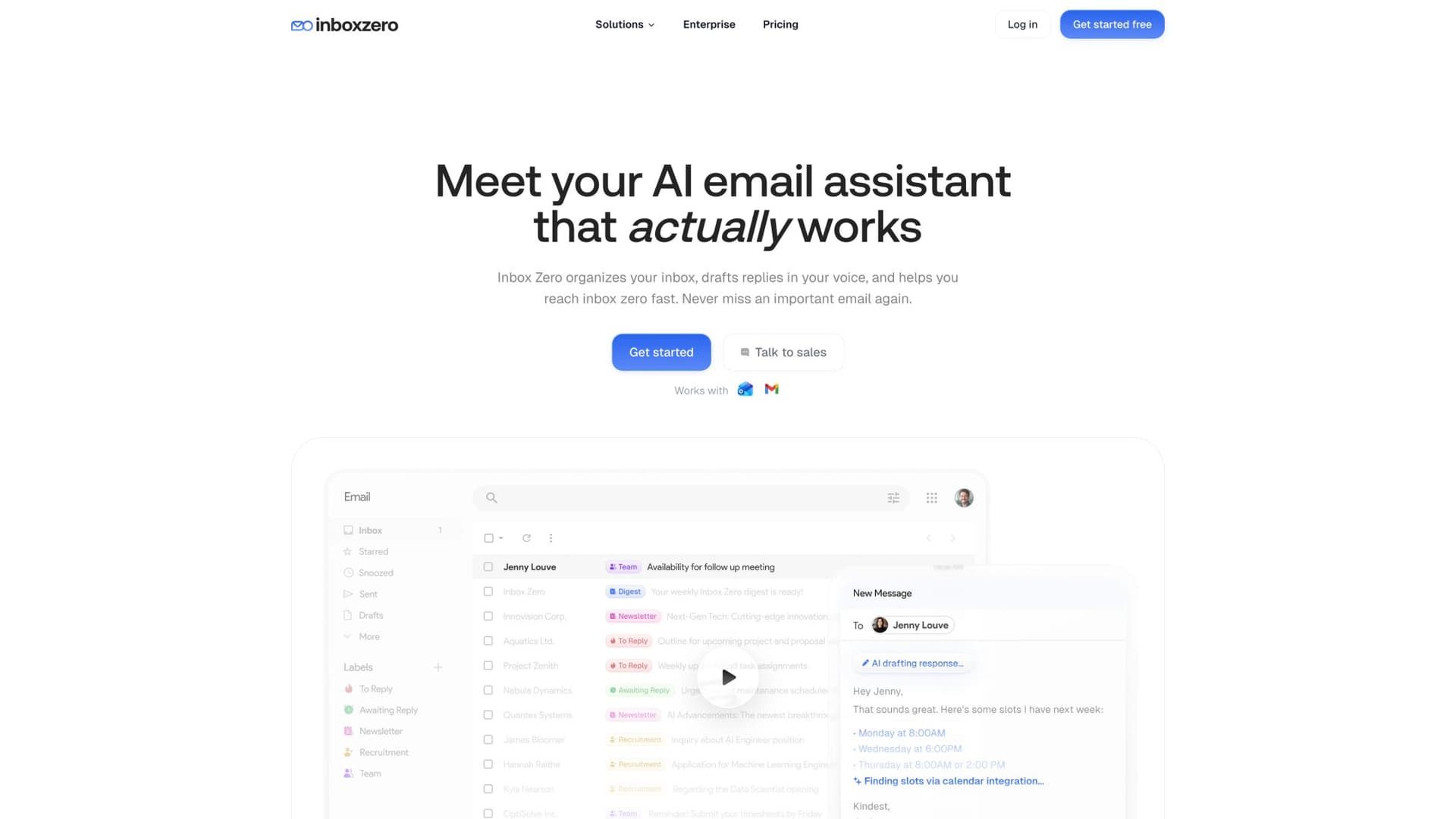 Inbox Zero AI email assistant homepage showing automated inbox management features